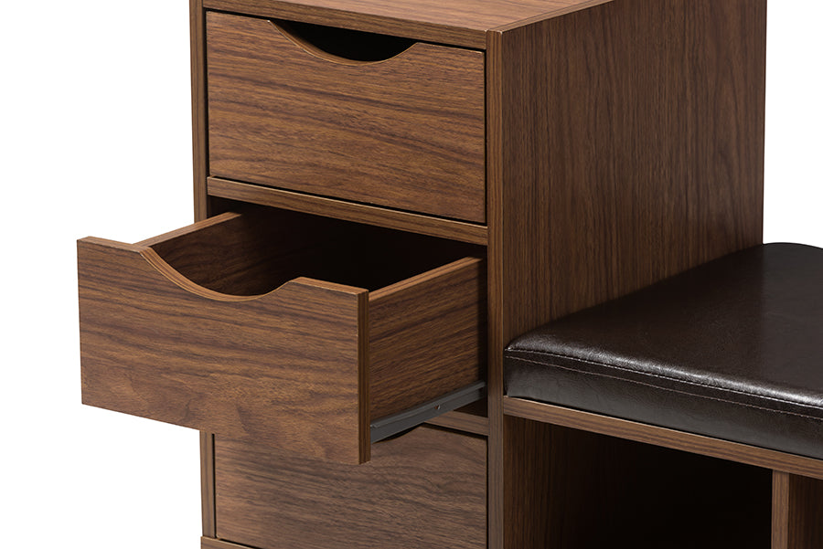 Arielle Modern and Contemporary Walnut Brown Wood 3-Drawer Shoe Storage Padded Leatherette Seating Bench with Two Open Shelves