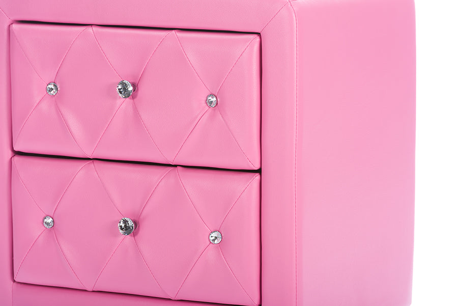 Stella Crystal Tufted Pink Leather Modern Nightstand