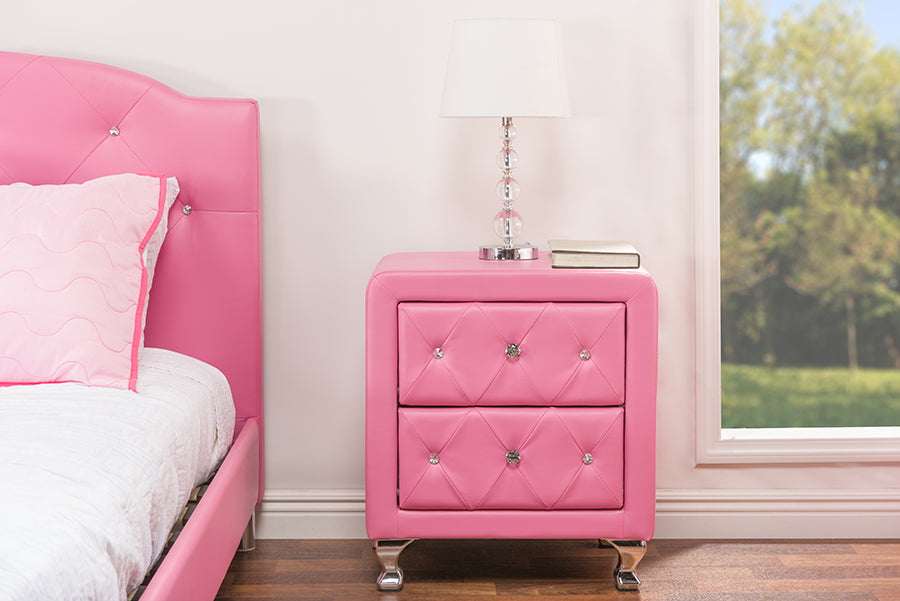 Stella Crystal Tufted Pink Leather Modern Nightstand