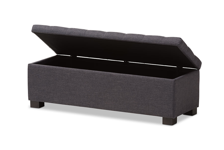 Roanoke Modern and Contemporary Dark Grey Fabric Upholstered Grid-Tufting Storage Ottoman Bench
