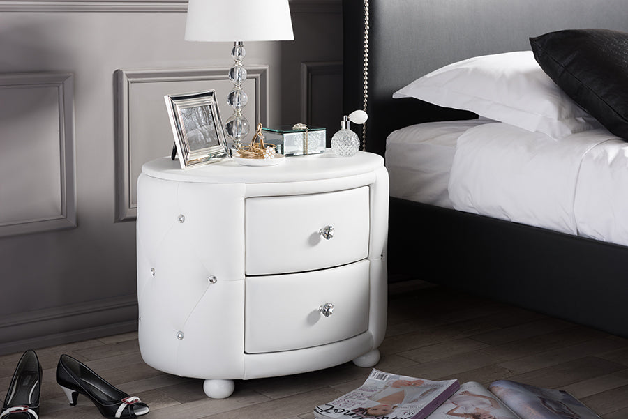 Davina Hollywood our Style Oval 2-drawer White Faux Leather Upholstered Nightstand