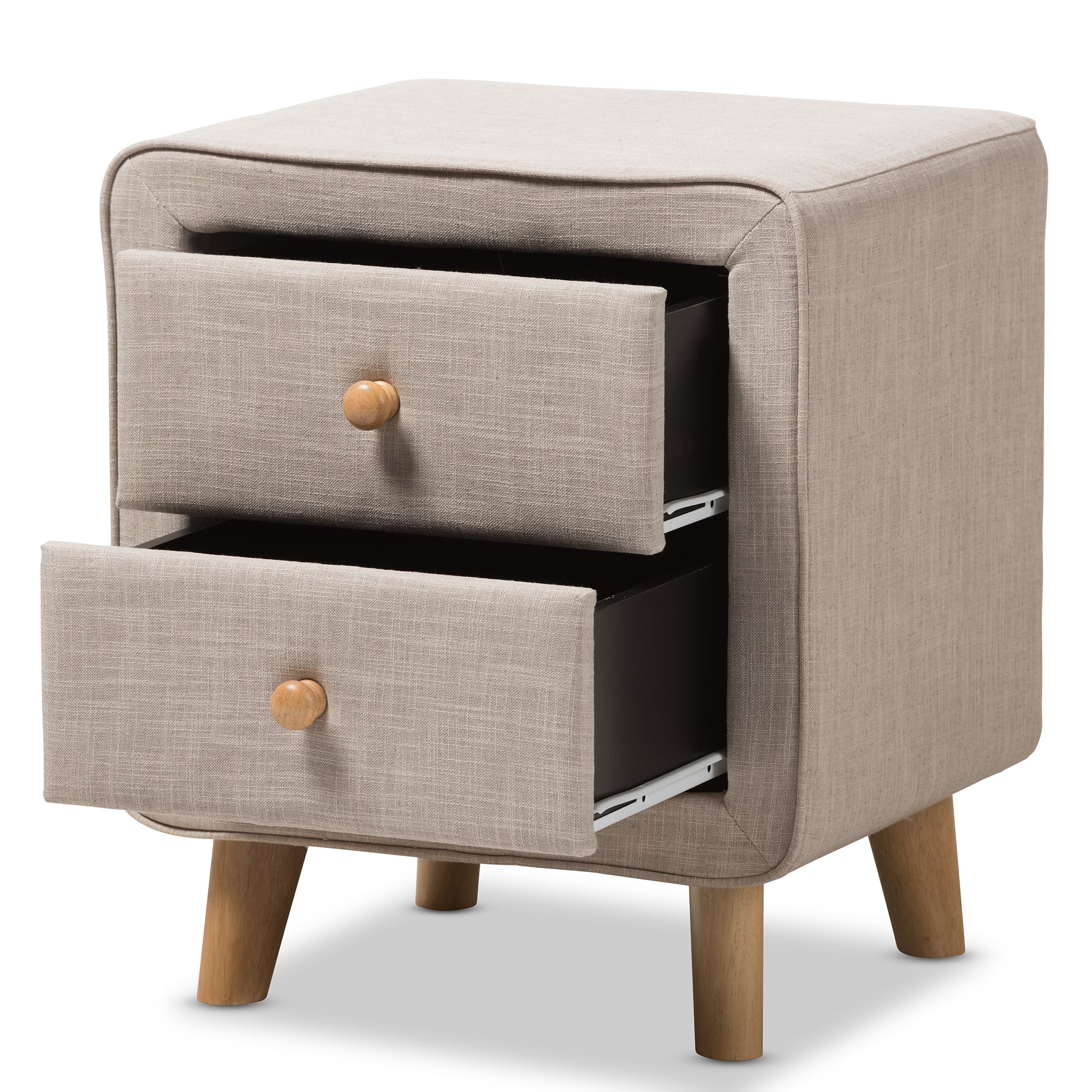 Jonesy Mid-Century Beige Linen Upholstered 2-Drawer Nightstand