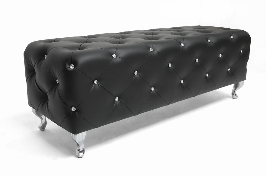 Stella Crystal Tufted Black Leather Modern Bench