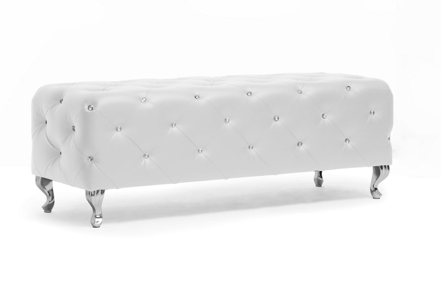 Stella Crystal Tufted White Leather Modern Bench
