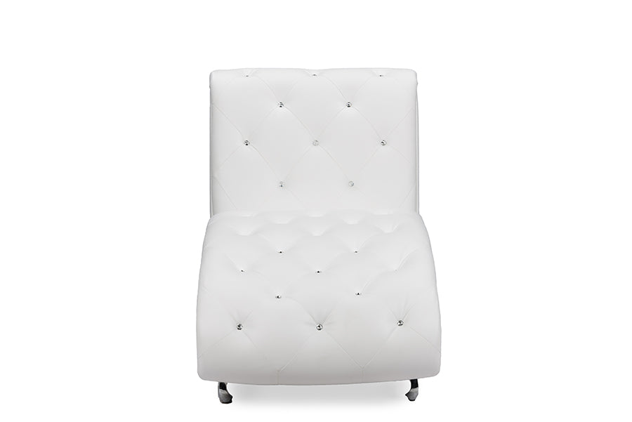 Pease Contemporary White Faux Leather Upholstered Crystal Button Tufted Chaise Lounge