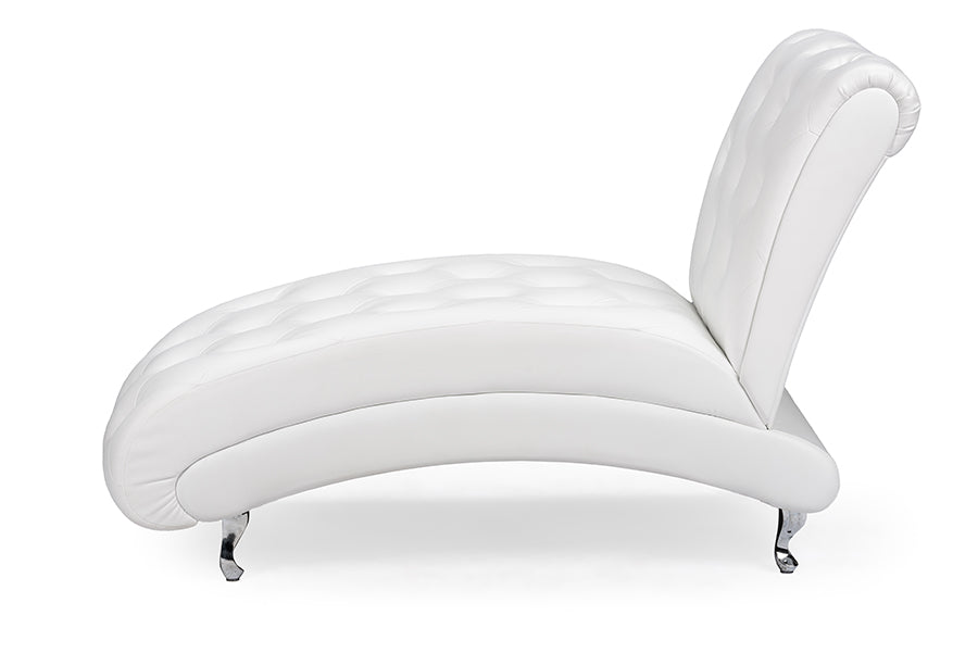 Pease Contemporary White Faux Leather Upholstered Crystal Button Tufted Chaise Lounge