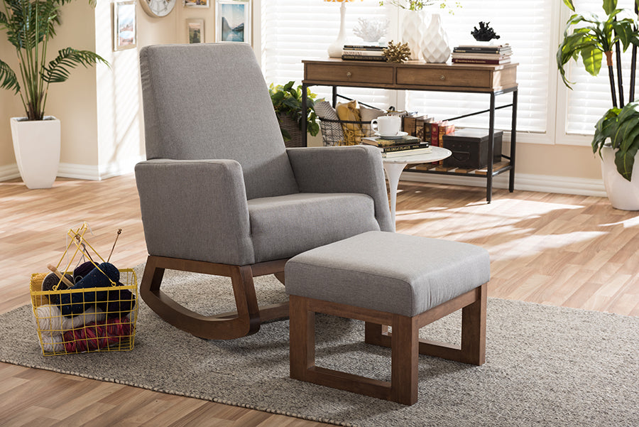 Yashiya Mid-century Retro Modern Grey Fabric Upholstered Rocking Chair and Ottoman Set