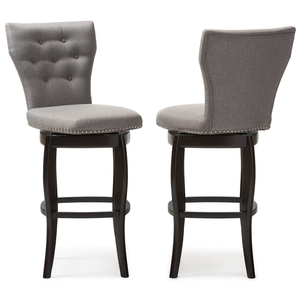 Leonice Modern and Contemporary Grey Fabric Upholstered Button-tufted 29-Inch 2-Piece Swivel Bar Stool Set
