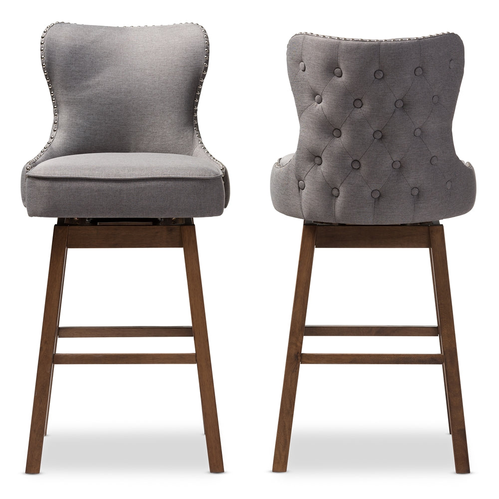 Gradisca Modern and Contemporary Brown Wood Finishing and Grey Fabric Button-Tufted Upholstered 2-Piece Swivel Barstool Set