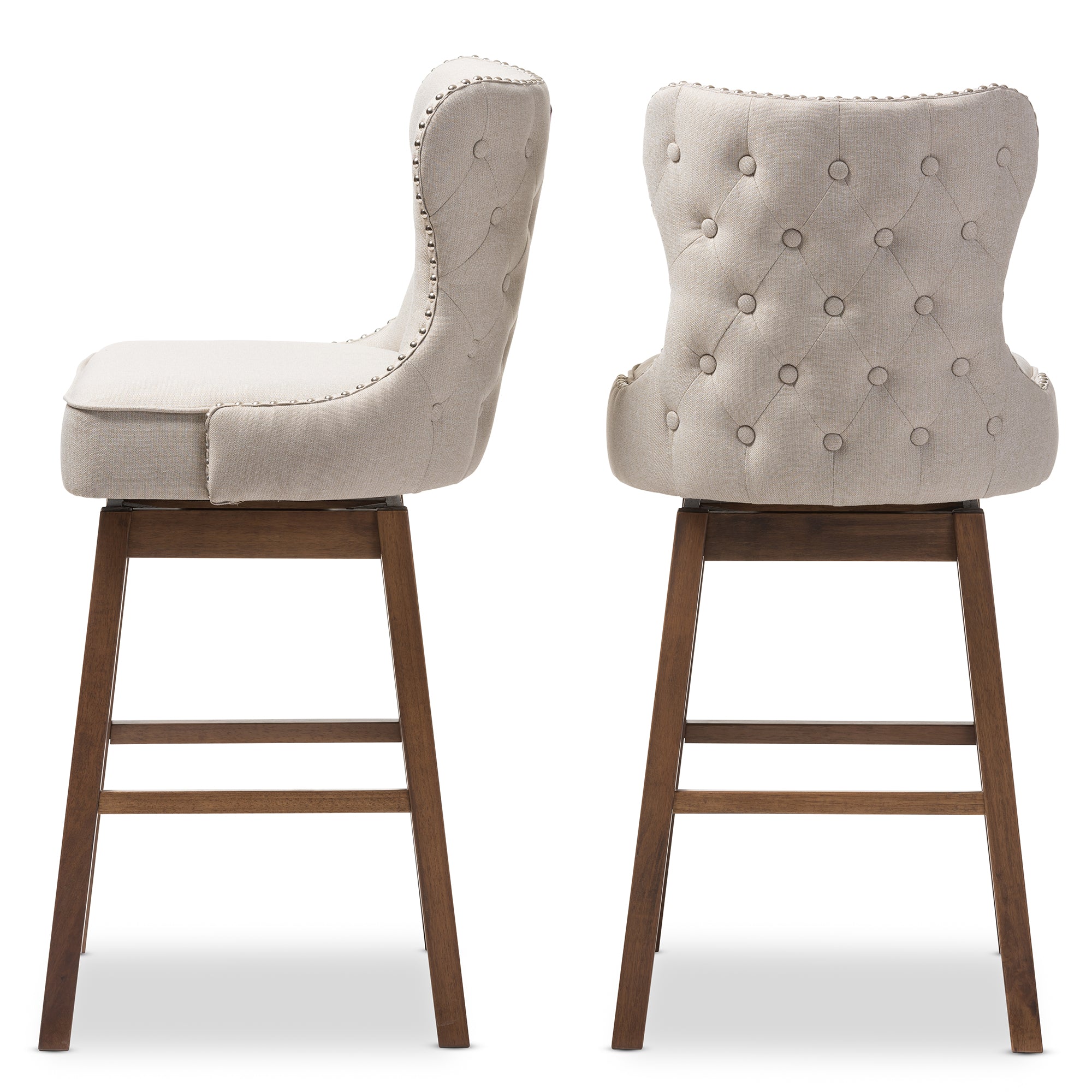 Baxton Studio Gradisca Modern and Contemporary Brown Wood Finishing and Light Beige Fabric Button-Tufted Upholstered 2-Piece Swivel Barstool Set