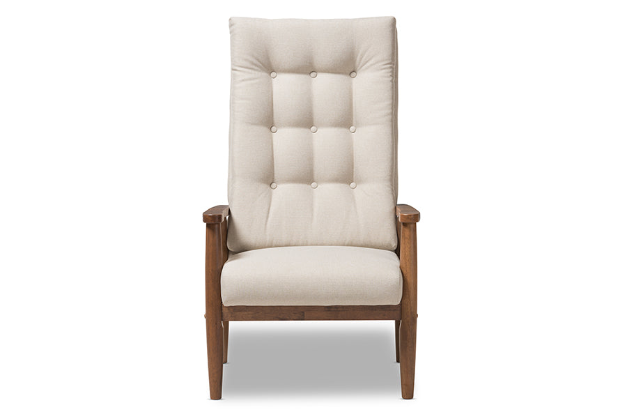Roxy Mid-Century Modern Walnut Brown Finish Wood and Light Beige Fabric Upholstered Button-Tufted High-Back Chair