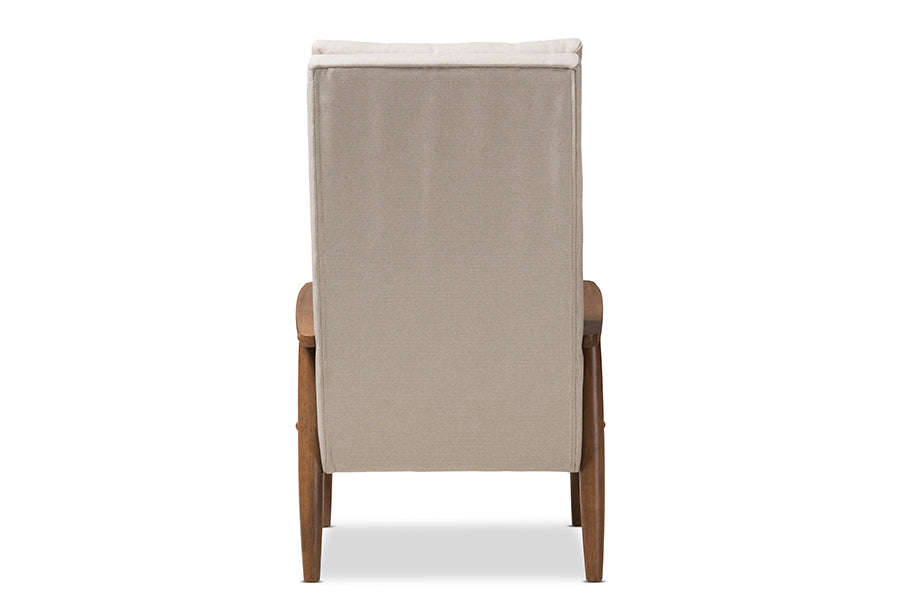 Roxy Mid-Century Modern Walnut Brown Finish Wood and Light Beige Fabric Upholstered Button-Tufted High-Back Chair