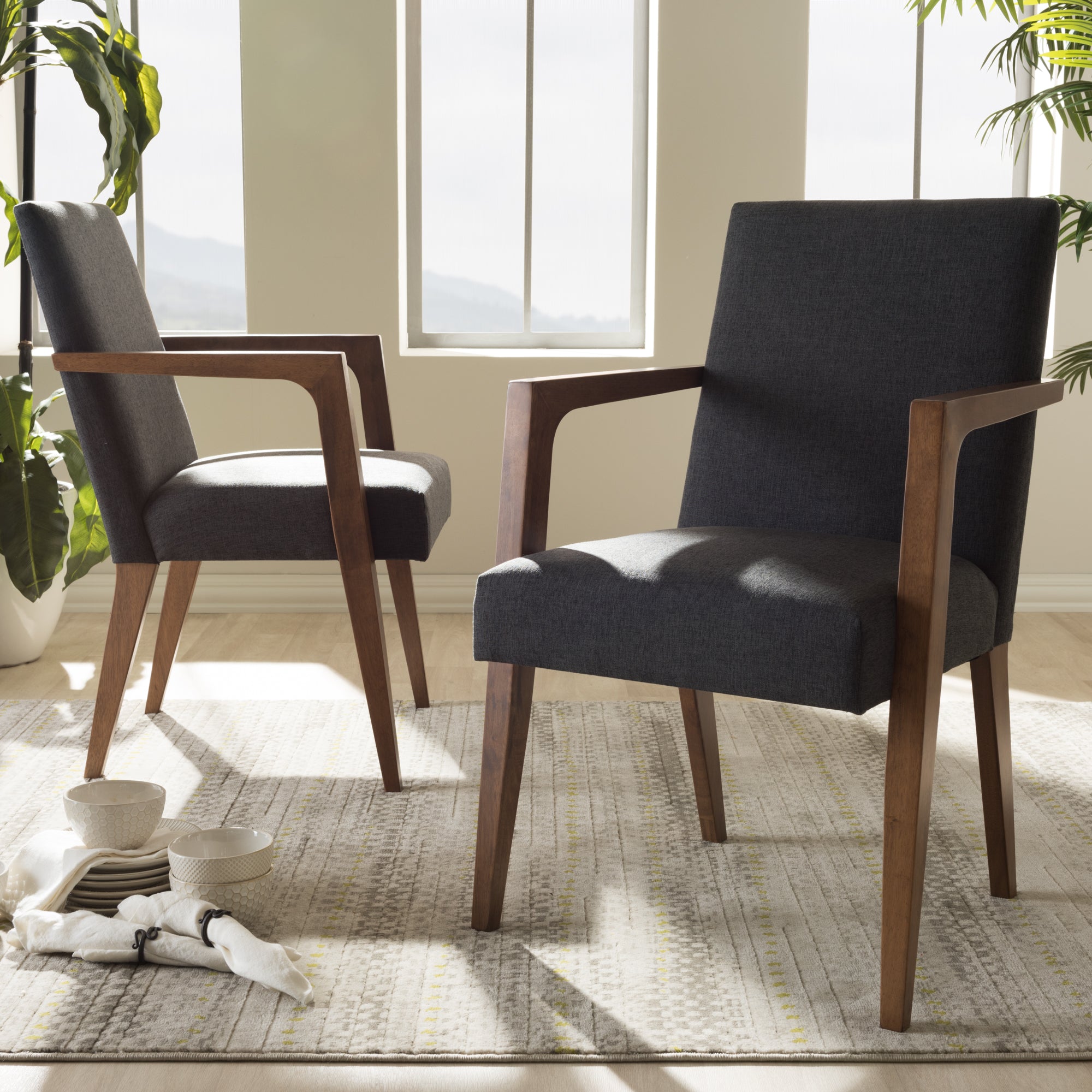 Andrea Mid-Century Modern Dark Grey Upholstered Wooden 2-Piece Lounge Set