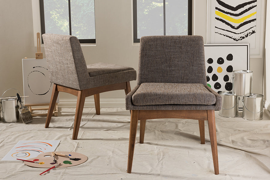 Nexus Mid-Century Modern Walnut Wood Finishing and Gravel Fabric Upholstered Dining Side Chair (Set of 2)