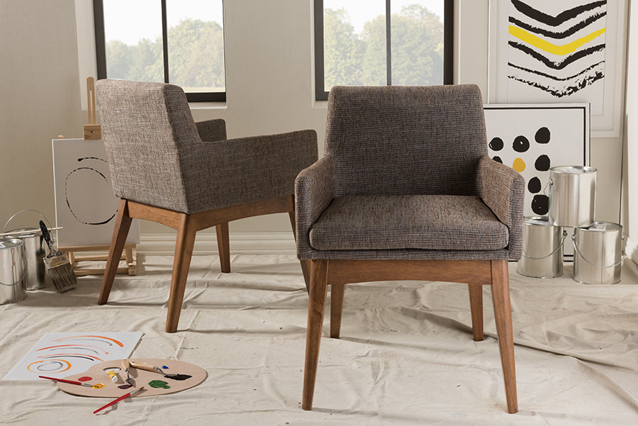 Nexus Mid-Century Modern Walnut Wood Finishing and Gravel Fabric Upholstered Arm Chair (Set of 2)
