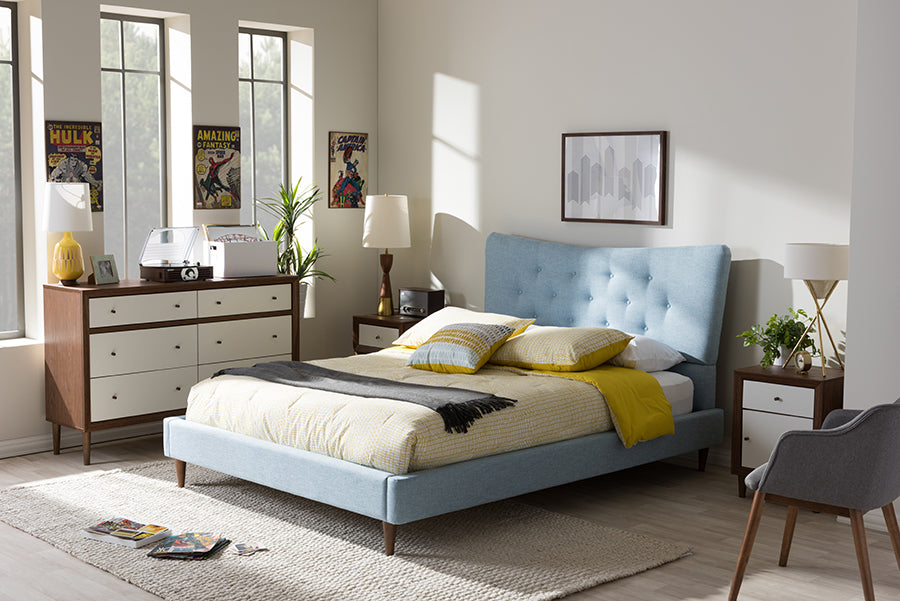 Hannah Mid-Century Modern Sky Blue Fabric Queen Size Platform Bed