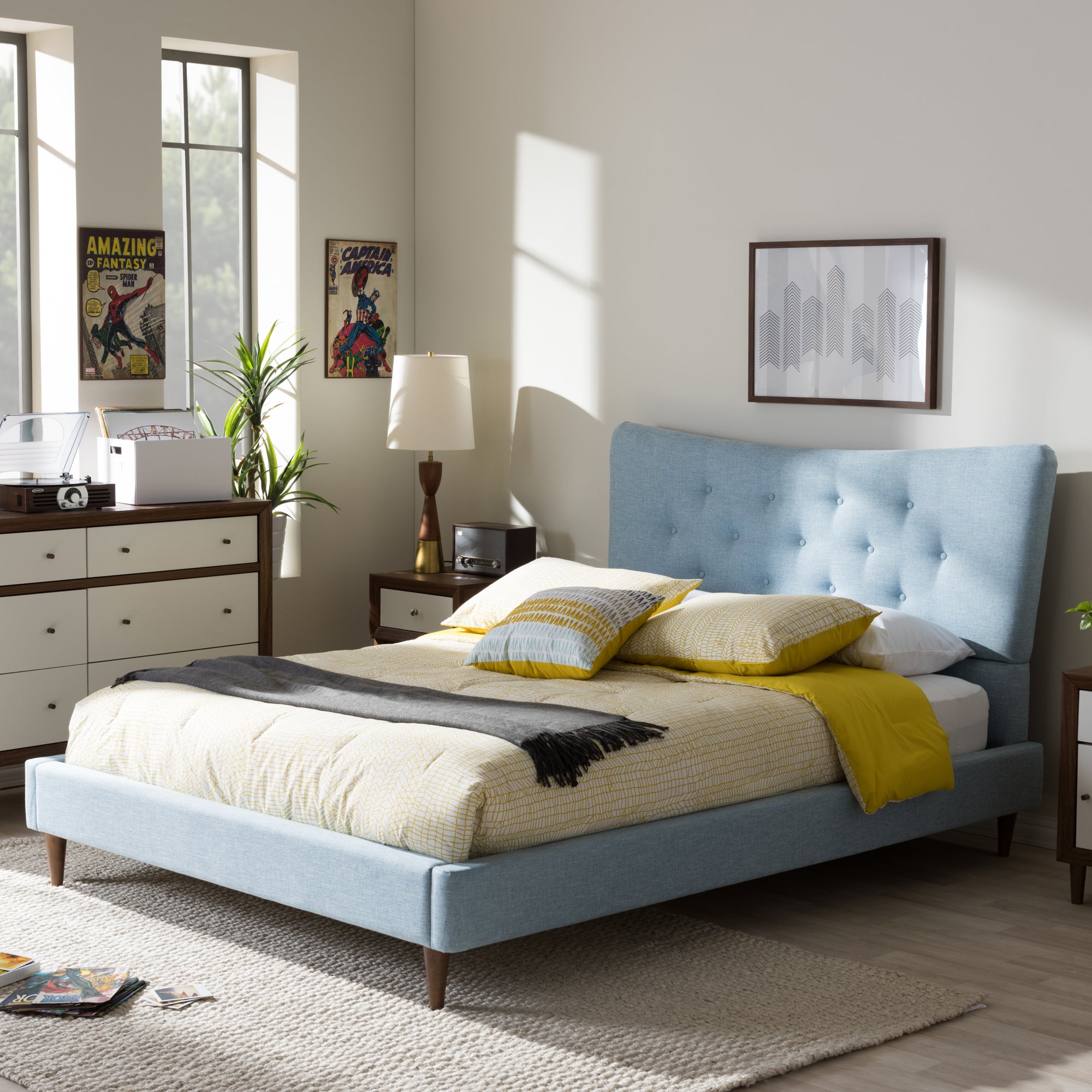 Hannah Mid-Century Modern Sky Blue Fabric Queen Size Platform Bed