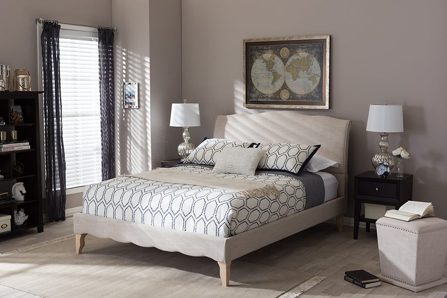 Fannie King Platform French Classic Modern in Beige Linen Fabric