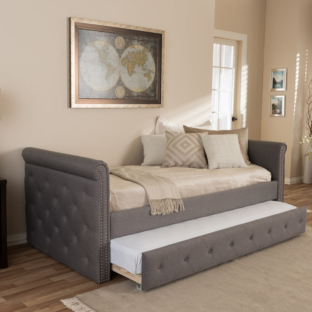Swamson Grey Fabric Tufted Twin Size Daybed With Roll-Out Trundle Guest Bed
