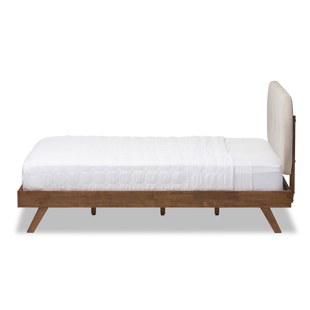 Penelope Queen Size Mid-Century Modern Light Beige Fabric & Solid Walnut Wood Bed