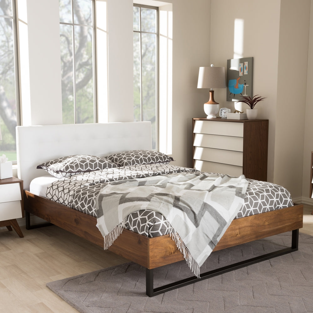 Mitchell White Faux Leather Dark Bronze Metal Queen Size Platform Bed