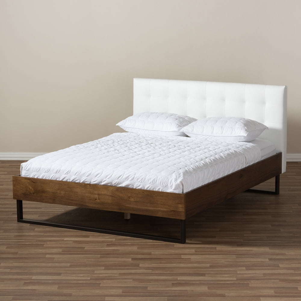Mitchell White Faux Leather Dark Bronze Metal Queen Size Platform Bed