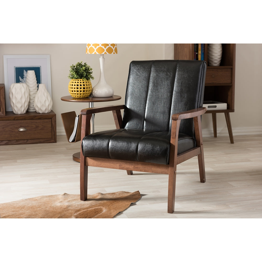 Nikko Mid-century Modern Scandinavian Style Black Faux Leather Wooden Lounge Chair