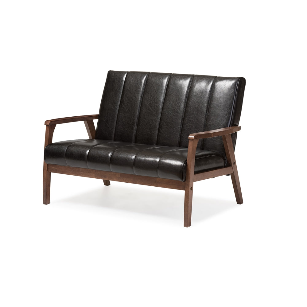 Nikko Mid-century Modern Scandinavian Style Black Faux Leather Wooden 2-Seater Loveseat