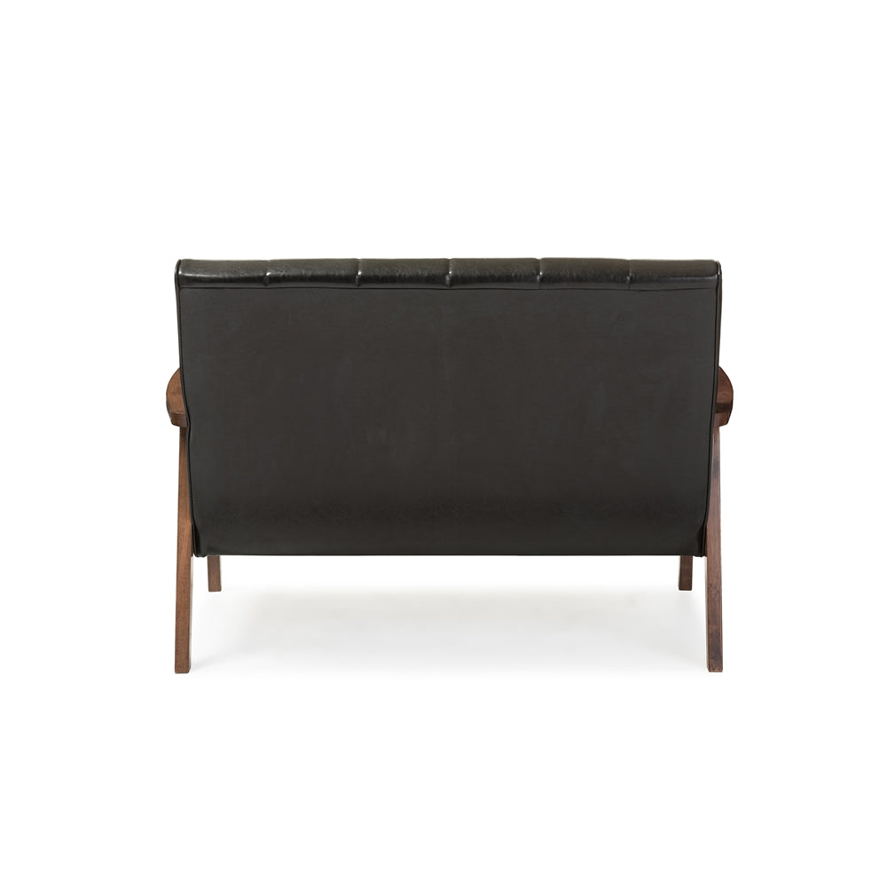 Nikko Mid-century Modern Scandinavian Style Black Faux Leather Wooden 2-Seater Loveseat