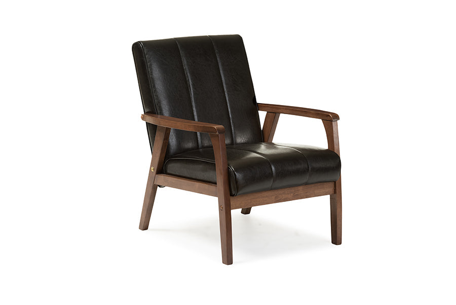 Nikko Mid-century Modern Scandinavian Style Black Faux Leather Wooden Lounge Chair