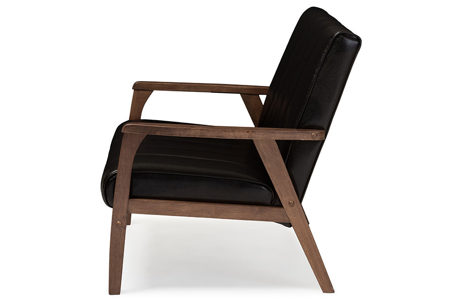 Nikko Mid-century Modern Scandinavian Style Dark Brown Faux Leather Wooden 2-Seater Loveseat