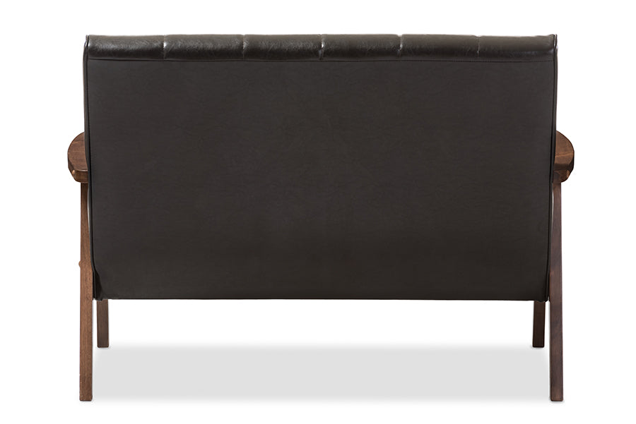Nikko Mid-century Modern Scandinavian Style Dark Brown Faux Leather Wooden 2-Seater Loveseat