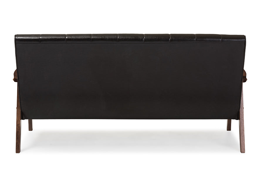 Nikko Mid-century Modern Scandinavian Style Dark Brown Faux Leather Wooden 3-Seater Sofa