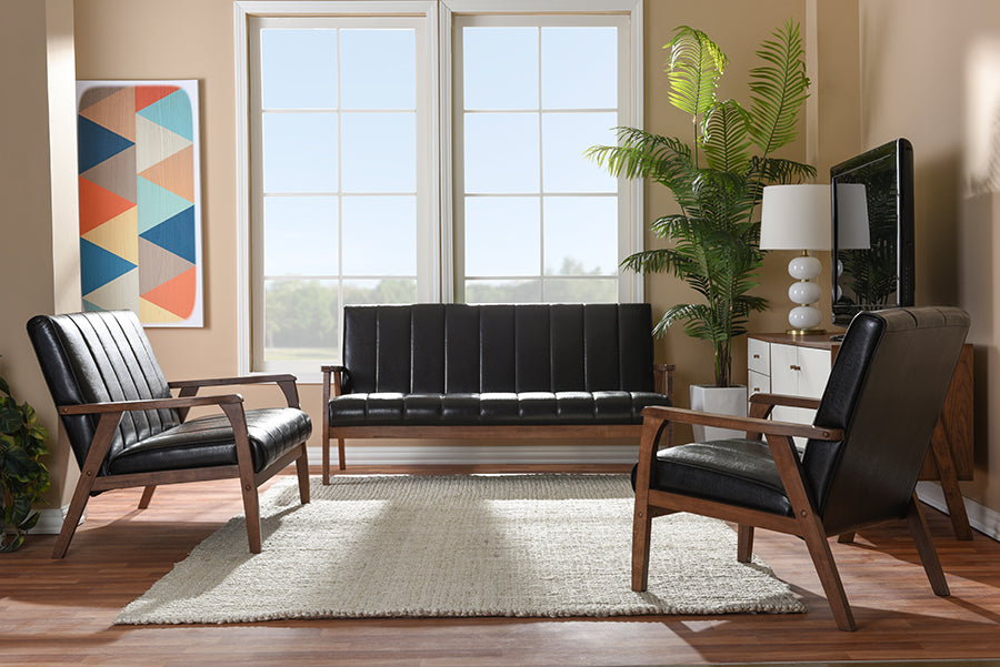 Nikko Mid-century Modern Scandinavian Style Dark Brown Faux Leather 3 Pieces Living Room Sets