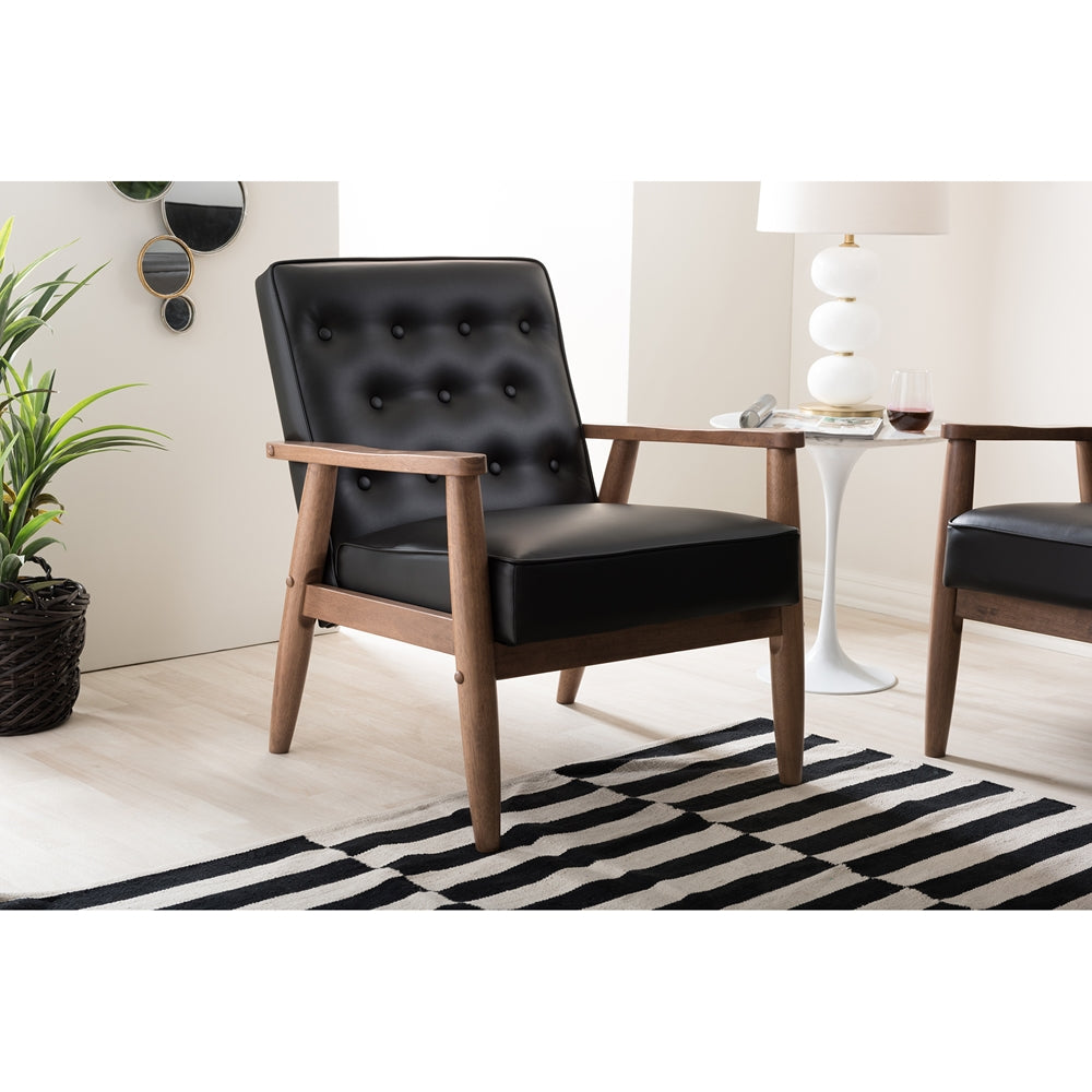 Sorrento Mid-century Retro Modern Black Faux Leather Upholstered Wooden Lounge Chair
