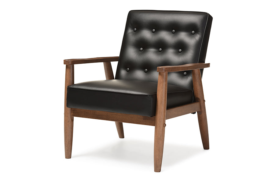 Sorrento Mid-century Retro Modern Black Faux Leather Upholstered Wooden Lounge Chair