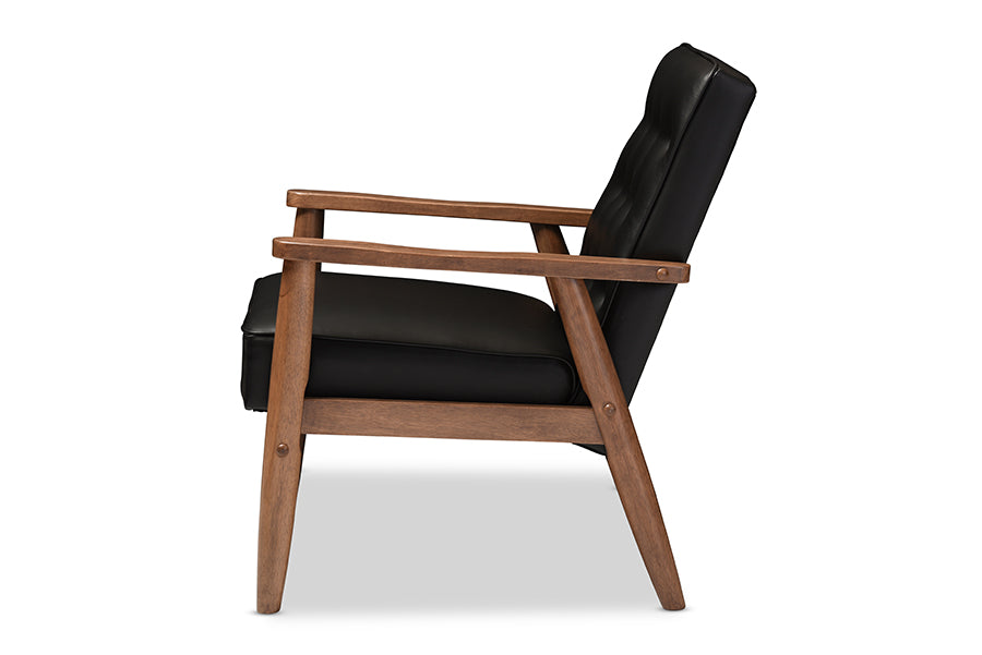 Sorrento Mid-century Retro Modern Black Faux Leather Upholstered Wooden Lounge Chair