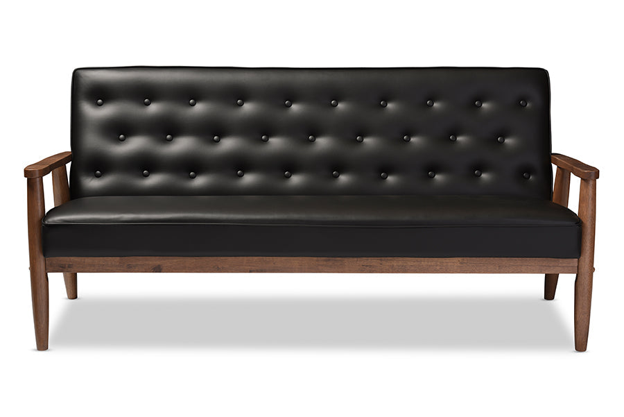 Sorrento Mid-century Retro Modern Black Faux Leather Upholstered Wooden 3-seater Sofa