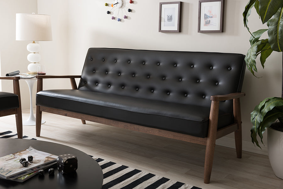 Sorrento Mid-century Retro Modern Black Faux Leather Upholstered Wooden 3-seater Sofa
