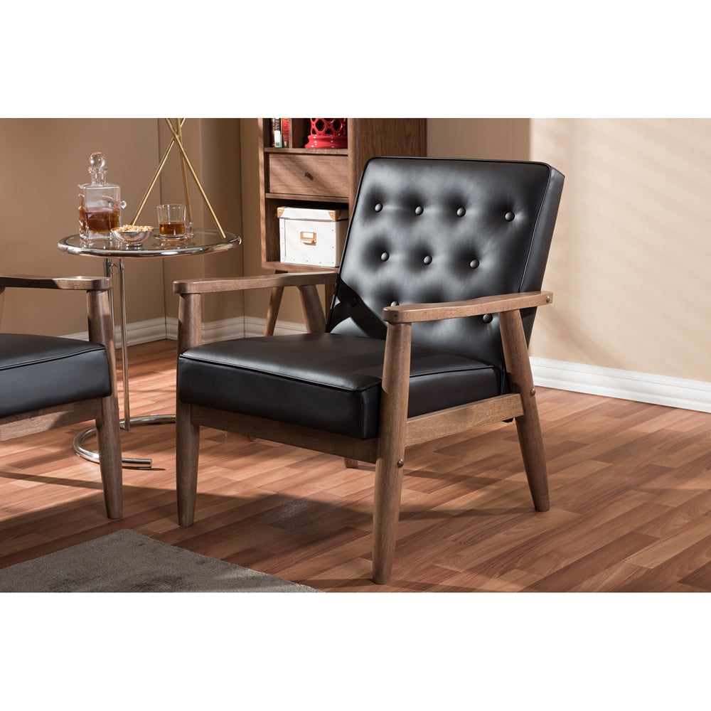 Sorrento Mid-century Retro Modern Brown Faux Leather Upholstered Wooden Lounge Chair