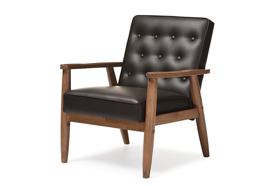 Sorrento Mid-century Retro Modern Brown Faux Leather Upholstered Wooden Lounge Chair