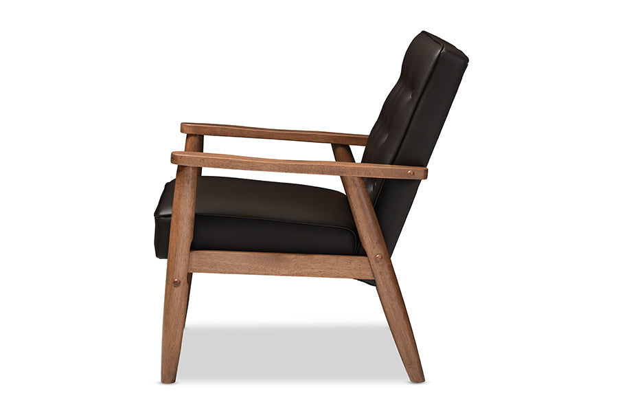 Sorrento Mid-century Retro Modern Brown Faux Leather Upholstered Wooden Lounge Chair