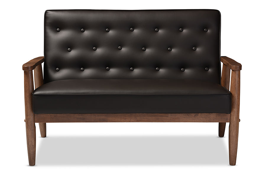 Sorrento Mid-century Retro Modern Brown Faux Leather Upholstered Wooden 2-seater Loveseat
