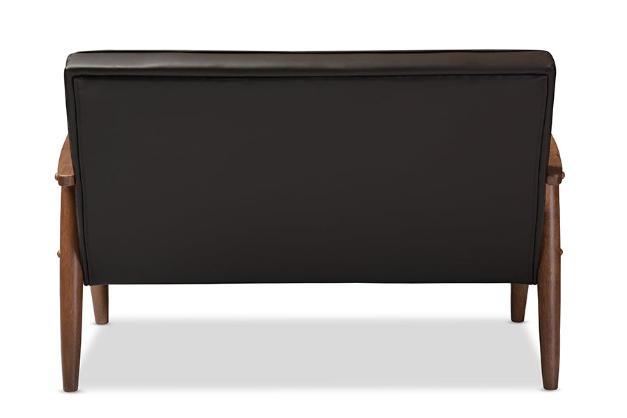 Sorrento Mid-century Retro Modern Brown Faux Leather Upholstered Wooden 2-seater Loveseat