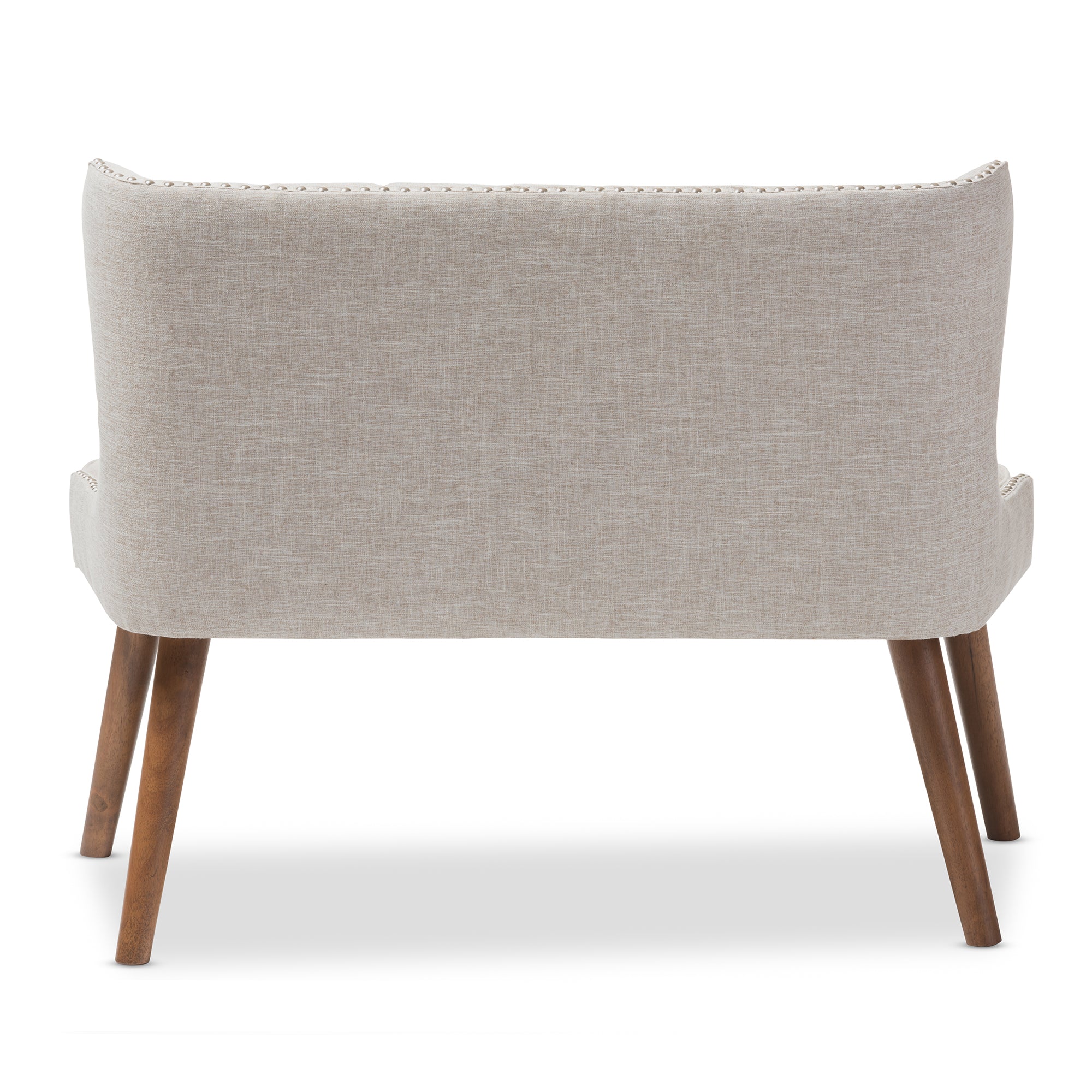 Scarlett Mid-Century Modern Brown Wood and Light Beige Fabric Upholstered Button-Tufting with Nail Heads Trim 2-Seater Loveseat Settee