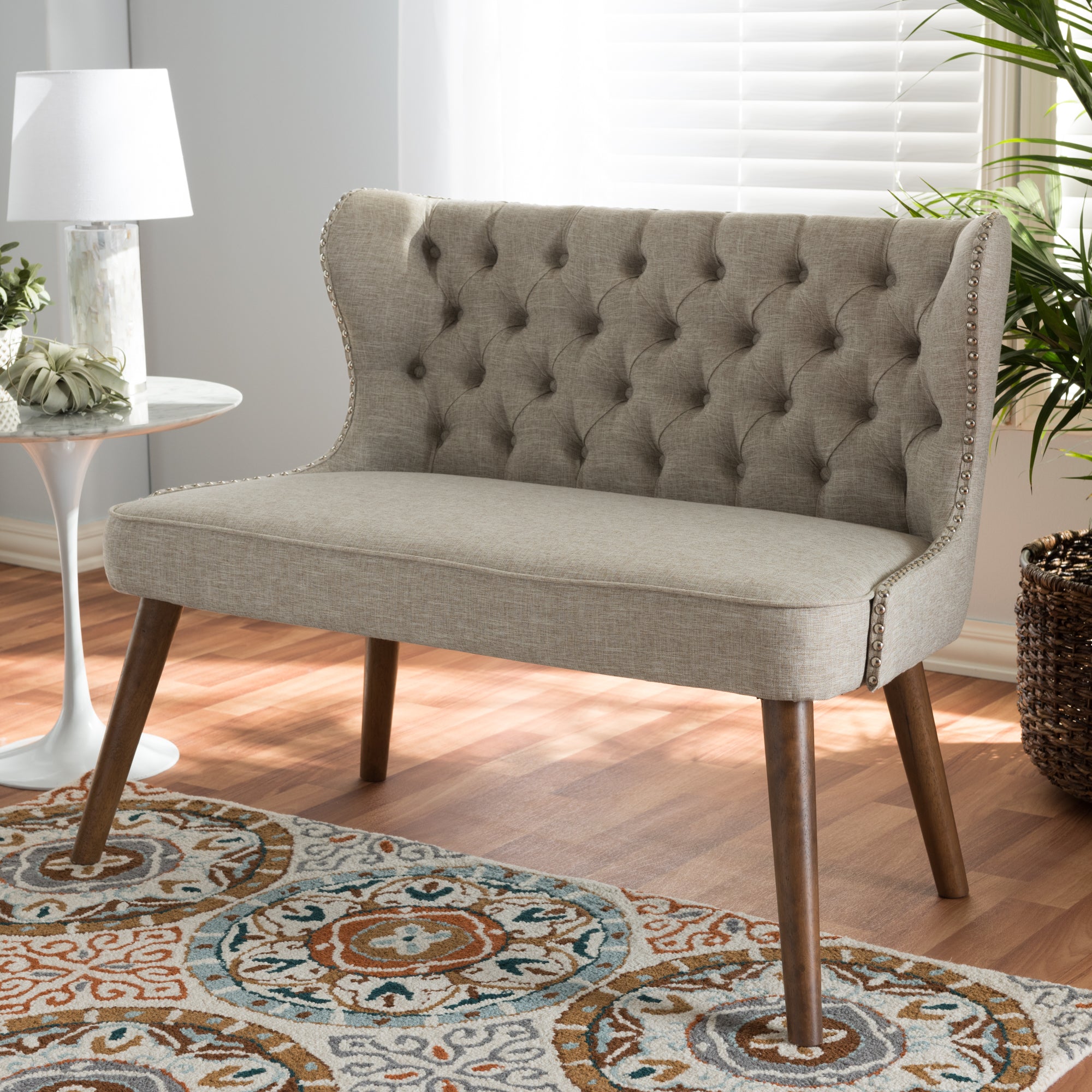Scarlett Mid-Century Modern Brown Wood and Light Beige Fabric Upholstered Button-Tufting with Nail Heads Trim 2-Seater Loveseat Settee