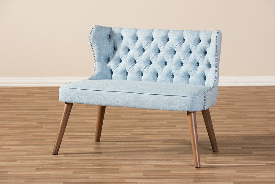 Scarlett Mid-Century Modern Brown Wood and Light Beige Fabric Upholstered Button-Tufting with Nail Heads Trim 2-Seater Loveseat Settee