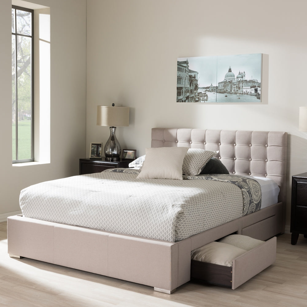 Rene Beige Fabric 4-Drawer Queen Size Storage Platform Bed