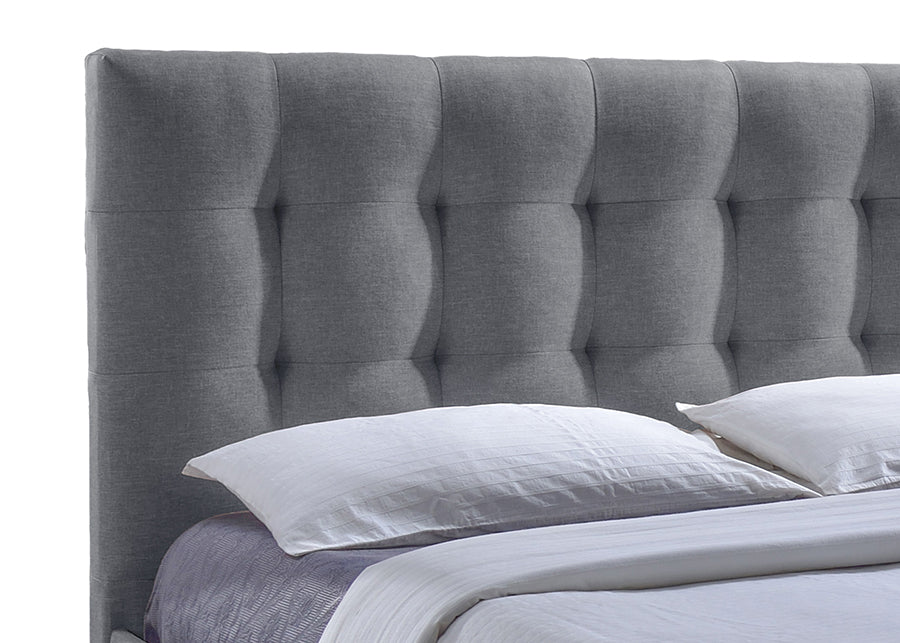 Sarter Grid-Tufted Grey Fabric King Size Bed with Storage
