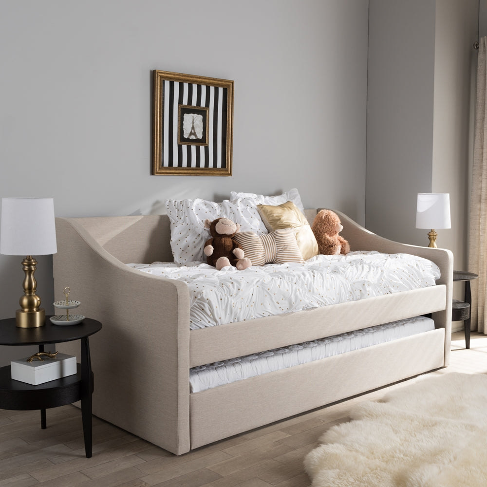 Barnstorm Beige Fabric Upholstered Daybed With Guest Trundle Bed